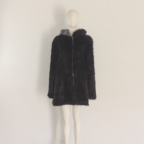 CHESCA (2) Black Fur Coat Size UK 16 18 EU 44 46 Faux-Fur Collar Jacket Cosy - Picture 3 of 9